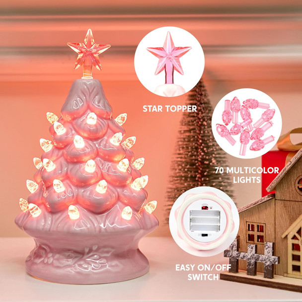 Joiedomi 7" Pink Ceramic Christmas Tree, Prelit Tabletop Christmas Tree with Extra Clear Top Star & Bulbs for Best Desk Decoration