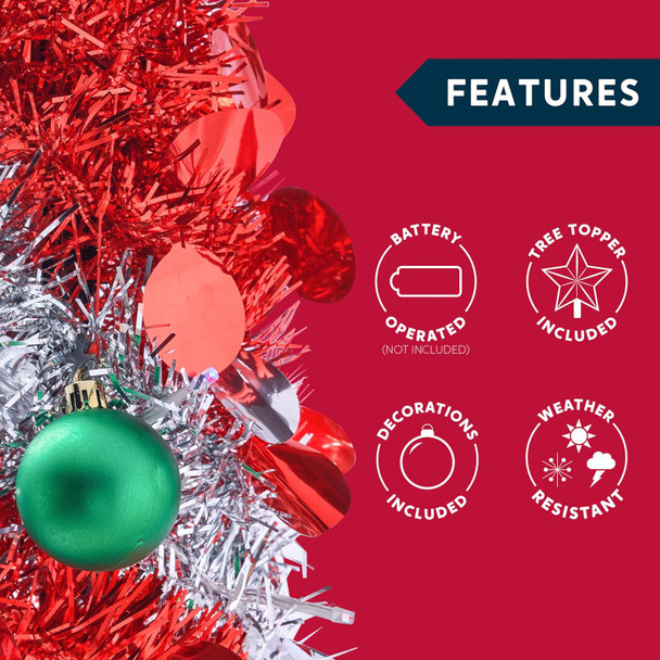 Joiedomi 5 FT Pre-Lit Tinsel Christmas Tree, Collapsible Tree with 50 Multicolor LED Lights, Ball Ornaments for Home Holiday Christmas Party Indoor Decoration (Red and Silver)