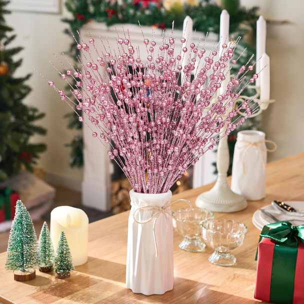 Joiedomi 12Pcs Glitter Berry Stem Ornaments, Christmas Decorative Bead Sticks, 17” Pink Artificial Glitter Twigs for Christmas Tree Decor, Wreath DIY Crafts, Holiday Party Supplies Wedding Decor(Pink)
