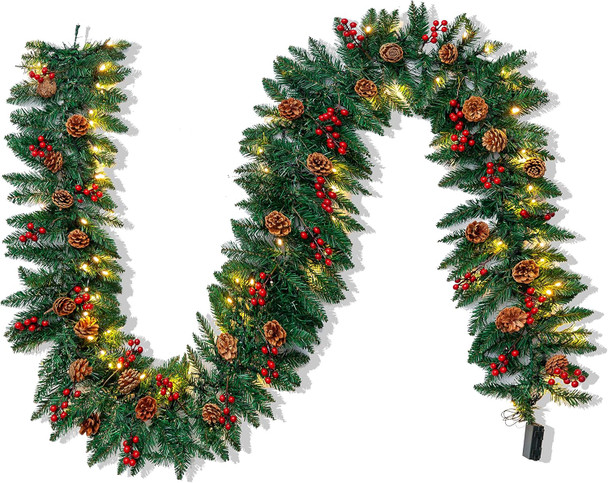 Joiedomi 9Ft Artificial Christmas Garland Prelit with LED Lights, 27 Pine Cones, 27 Red Berries for Home & Office Christmas Indoor and Outdoor Decorations (Battery Powered, Batteries not Included)
