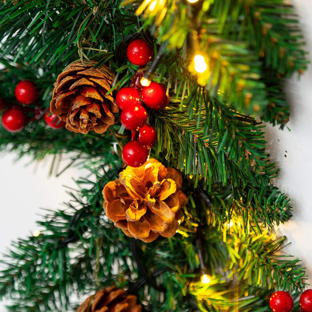 Joiedomi 9Ft Artificial Christmas Garland Prelit with LED Lights, 27 Pine Cones, 27 Red Berries for Home & Office Christmas Indoor and Outdoor Decorations (Battery Powered, Batteries not Included)