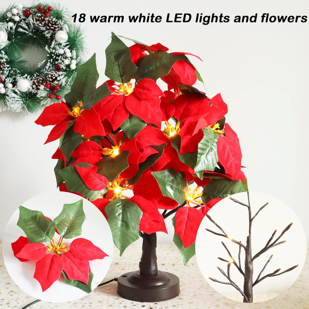 18 LED Poinsettia Tree Lamp Artificial Red Flower Led Tree Light with 8 Lighting Modes USB/Battery Operated for Home Christmas Festival Decoration (Warm White)