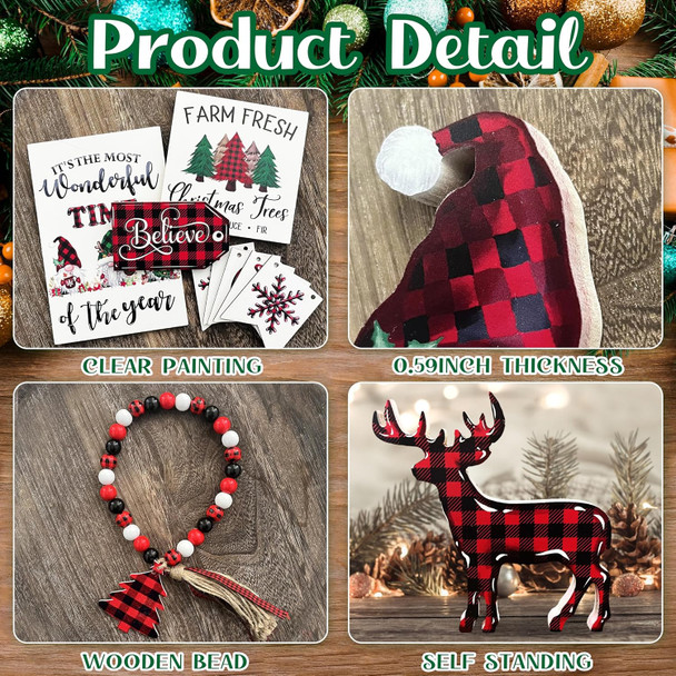 Christmas Tiered Tray Decoration Set Wooden Farmhouse Tray Decor Seasonal Winter Rustic Wood Sign Tabletop Centerpiece with Wood Bead Garland Christmas Table Decor for Home Kitchen (Decor-01)