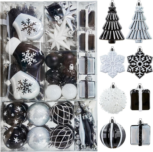 144 PCS Shatterproof Black White Christmas Tree Ornaments, Plastic Xmas Hanging Ball Set with Lanyard, Gloves, Box, Star, Xmas Tree Decor for Holiday Halloween Party