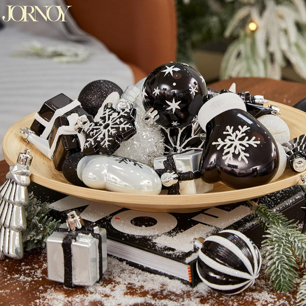 144 PCS Shatterproof Black White Christmas Tree Ornaments, Plastic Xmas Hanging Ball Set with Lanyard, Gloves, Box, Star, Xmas Tree Decor for Holiday Halloween Party