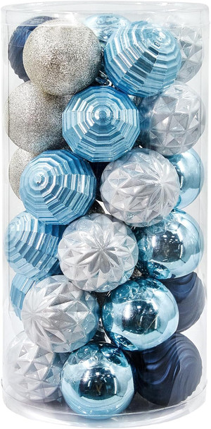 Christmas Ornaments Decorations 30ct Xmas Tree Balls Baubles Sets Decor, Shatterproof, Blue & Silver(2.36in)