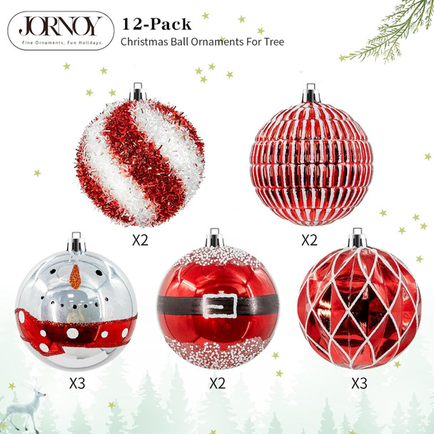 80MM Christmas Balls Ornaments, 12ct Shatterproof Christmas Decorations for Xmas Tree, Hanging Ornaments for Holiday Xmas Party, Red & White