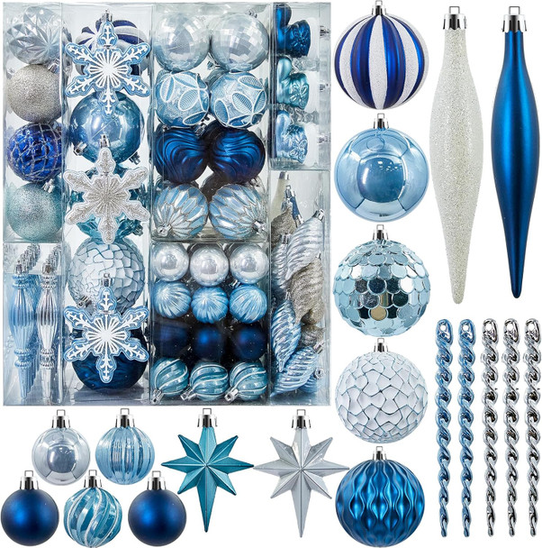 190PCS Christmas Tree Ornaments Set, Shatterproof Plastic Decorative Hanging Balls Ornaments for Holidays Tree, Silver and Blue(Multi-Sizes)
