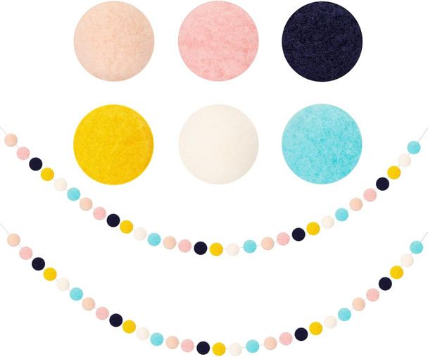 2 Pack Pom Pom Garland, 8Ft Long Pompom Garland, Boho Nursery Decorations, 60 Ball 6 Colors Ornament Garland for Back to School, Classroom, Party, Christmas (Dark Blue, Pink and Light Green)