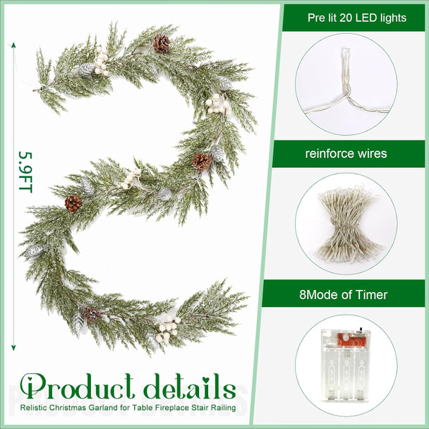 Joyhalo Christmas Garland, Cedar Garland, 6 FT Faux Real Touch Cedar Garland Artificial Realistic Hobby Lobby, Prelit Cedar Garland with Lights Battery Operated for Mantle, Stairs Railing