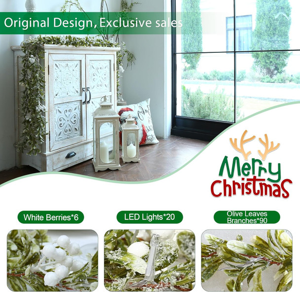 Joyhalo Christmas Garland with Lights Battery Operated - 5.9ft 20 LED White Berry Lighted Christmas Garland, Christmas Decorations Prelit Garland Indoor Outdoor Fireplace, Stair, Railing, Mantle Decor