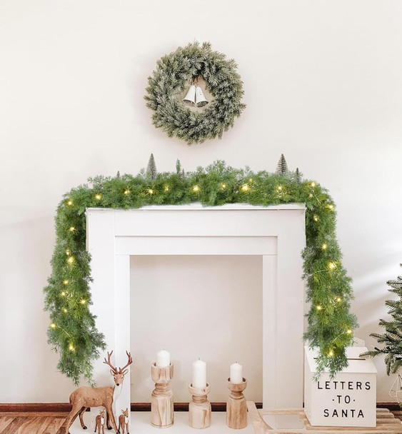 6FT Pine Christmas Garland, Artificail Christmas Greenery Garland with 50LED Lights,Realistic Cedar Garland Cypress Garland for Holiday Mantel Fireplace Table Centerpiece Decoration