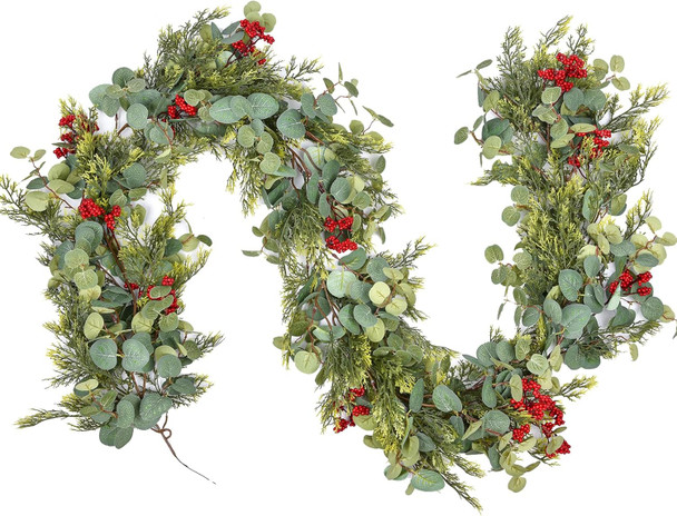 6ft Christmas Pine Garland Decoration, Artificail Red Berry Garland Christmas Cypress Garland Eucalyptus Leaves for Winter Holiday Fireplace Mantel Table Home Decor