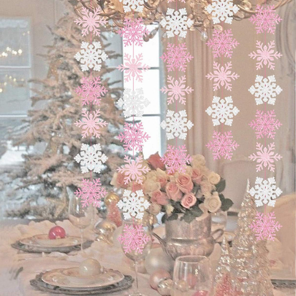 2 Pack Snowflake Banner Garland Ornaments Decorations Pink & White for Christmas Party Girls Winter Wonderland Birthday Baby Shower, Holiday Home Table Decor