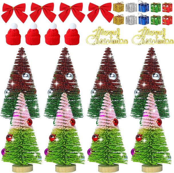 28 Pcs Mini Bottle Brush Trees Christmas Decorations, Colorful Tabletop Mini Christmas Trees, Miniature Pine Trees with Wooden Base Small Bows Red Hats Boxes Ornaments DIY Table Craft