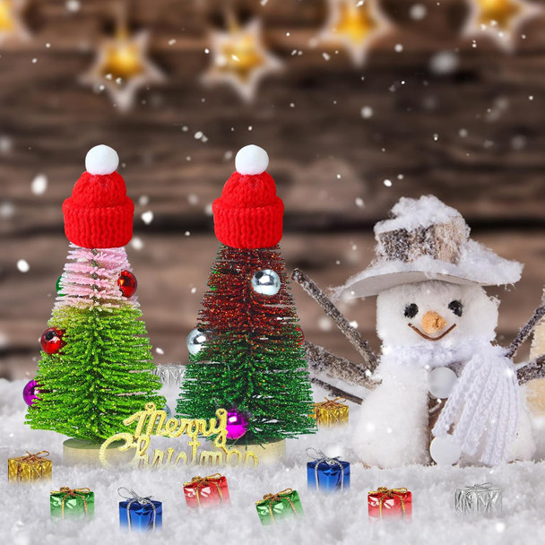28 Pcs Mini Bottle Brush Trees Christmas Decorations, Colorful Tabletop Mini Christmas Trees, Miniature Pine Trees with Wooden Base Small Bows Red Hats Boxes Ornaments DIY Table Craft