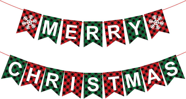 Merry Christmas Banner, Red Green Buffalo Plaid Check Holiday Garland, Rustic Snowflake and Letter Bunting, Fun Wall Mantel Hanging Christmas Decorations for Home, Office, and Xmas Party Supplies