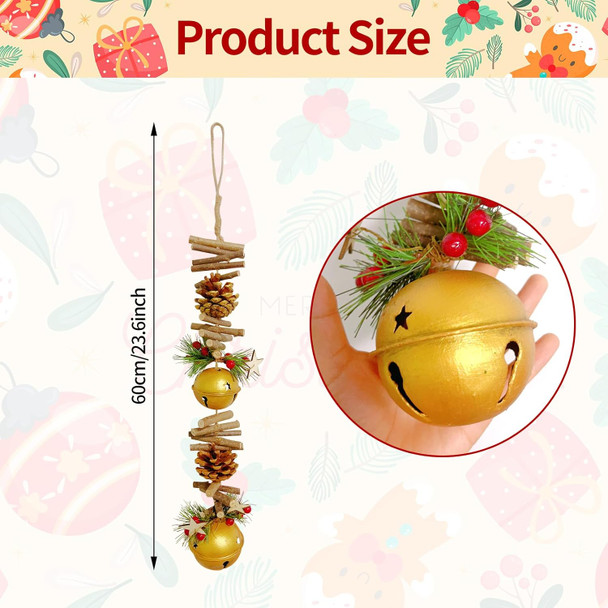 23.6 Inches Christmas Pinecone and Bell Hanging Garland Decoration, Rustic Wood Stick and Pine Leaf Garland with Bells, Holiday Ornament for Door Wall Fireplace, Indoor Outdoor Xmas Decor (Gold)