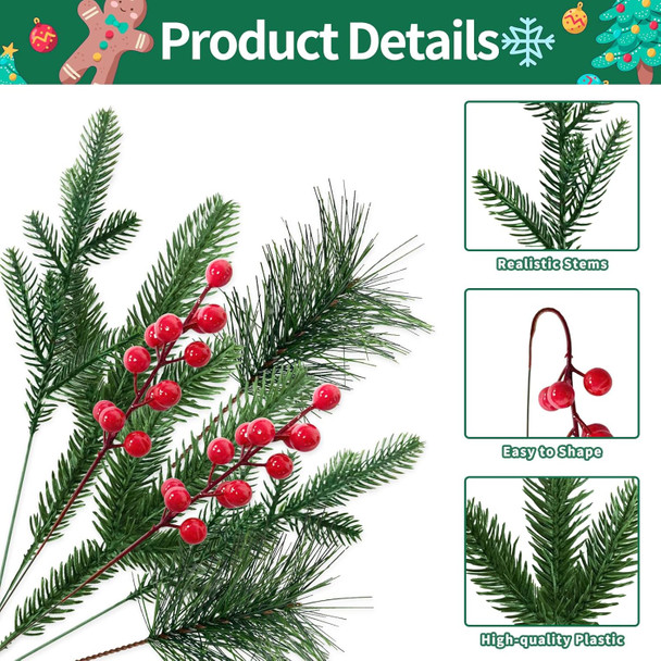 24 Pcs Christmas Artificial Pine Picks and Red Berry Stems, 10.5 Inch Greenery Pine Sprigs, 8 Inch Red Berry Branches, Faux Holiday Floral Picks for Wreaths, Garlands, Craft DIY, and Xmas Decorations
