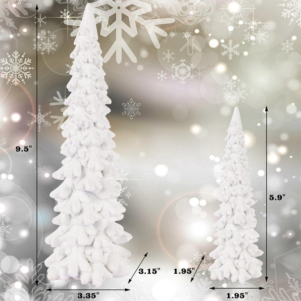 Juegoal Christmas Tree Table Decorations Set of 2, 9.5" White Glittered Xmas Pine Trees, Winter Snow Ornaments Tabletop Resin Trees Dinner Holiday Party Supplies Winter Mantle Shelf Centerpieces Decor