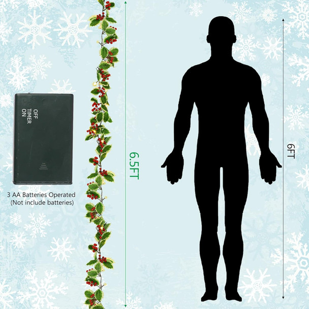 Juegoal Christmas Garland, 6.5FT Pre-lit Red Berries & Holly Leaves Garlands, Artificial Lighted Berry Garland Battery Operated with Timer, Indoor Outdoor Fireplace Gate Home Winter Year Decor