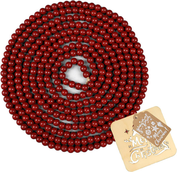 Christmas Wooden Bead Garland 16 Feet, Red Christmas Wood Bead Garland, Red Bead Garland for Christmas Tree Decorations, Christmas Xmas Holiday Favors