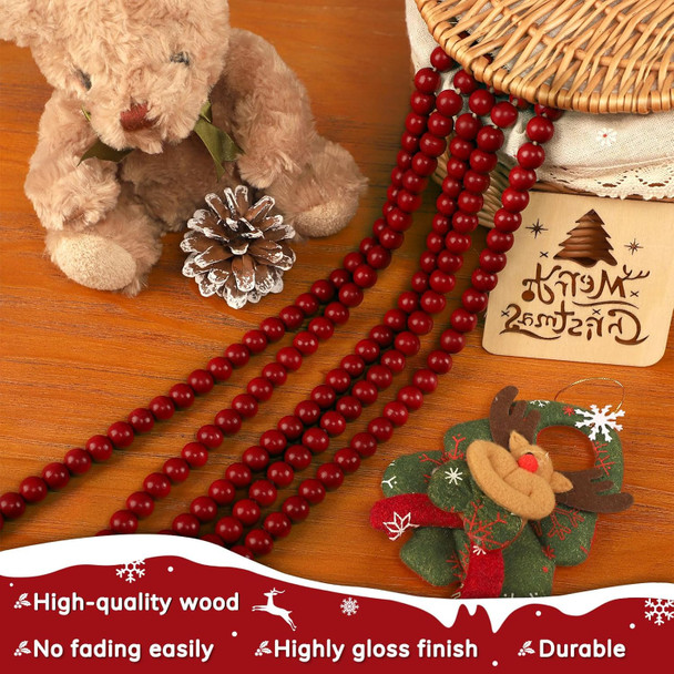 Christmas Wooden Bead Garland 16 Feet, Red Christmas Wood Bead Garland, Red Bead Garland for Christmas Tree Decorations, Christmas Xmas Holiday Favors
