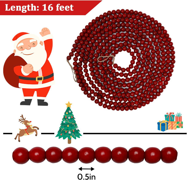 Christmas Wooden Bead Garland 16 Feet, Red Christmas Wood Bead Garland, Red Bead Garland for Christmas Tree Decorations, Christmas Xmas Holiday Favors