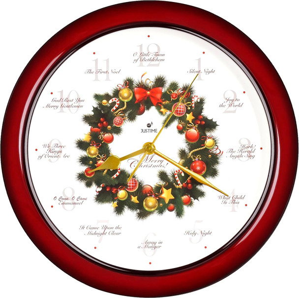 JUSTIME 14-inch 12 Song of Carols of Christmas Wreath Melody Wall Clock Christmas Musical Clock Chime Wall Clock in Wall Christmas Home Decor Wall Deco Round Wall Clock Red