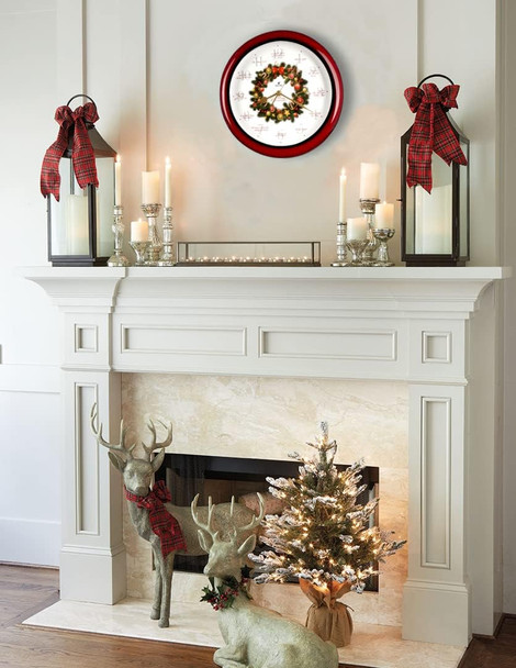 JUSTIME 14-inch 12 Song of Carols of Christmas Wreath Melody Wall Clock Christmas Musical Clock Chime Wall Clock in Wall Christmas Home Decor Wall Deco Round Wall Clock Red
