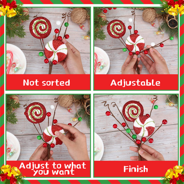 6 Pcs Christmas Tree Picks Candy Cane Decor Candy and Lollipop Pick Christmas Tree Decoration Red Green and White Stripes Christmas Ornaments for Xmas Tree Home Decorations Holiday