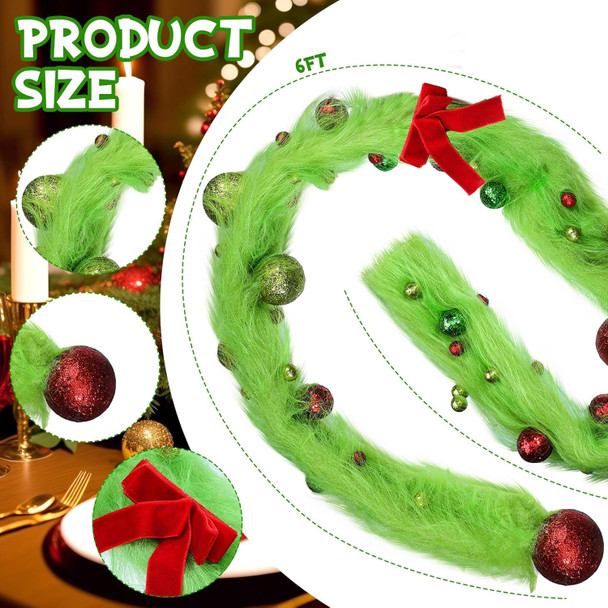 Jutom 6 Feet Whimsical Christmas Garland Decorations Xmas Green Faux Fur Ribbon Trim with Red Green Balls Xmas Tree Winding Garland Furry Stripe Indoor Outdoor for Front Door Fireplace Table Decor