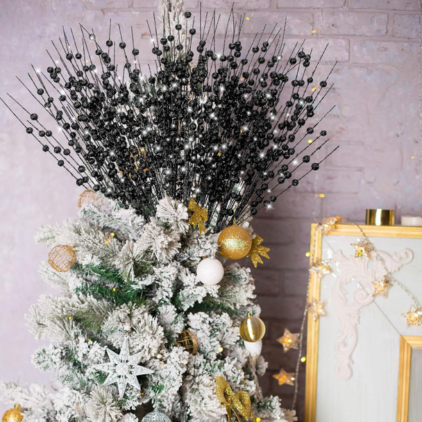 Jutom 12 Pieces Christmas Artificial Glitter Berry Stems 15.7 Holly Berry Picks Ornaments Fake Christmas Tree Pick Sticks Decorations Glitter Twig Branches for Vase Home Wedding Holiday (Black)