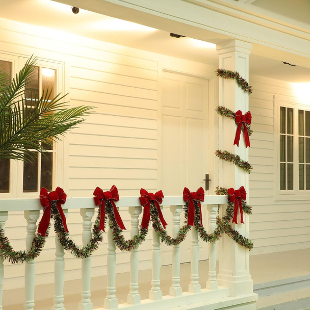 Jutom 30 ft Christmas Tinsel Garland with 12 Pcs 12 Inch Christmas Velvet Bows Hanging Garland for Home and Party Decoration for Christmas Trees, Walls, Hedges, Stair Handrail, Doorways, Windows