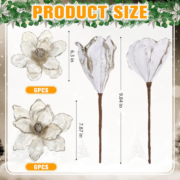 Jutom 12 Pcs Christmas Glitter Poinsettia Magnolia Flowers 6.3in 7.87in Christmas Tree Artificial Flowers 10 Petals Artificial Magnolia Flowers for Christmas Tree Xmas Wreath Holiday Decor(White)