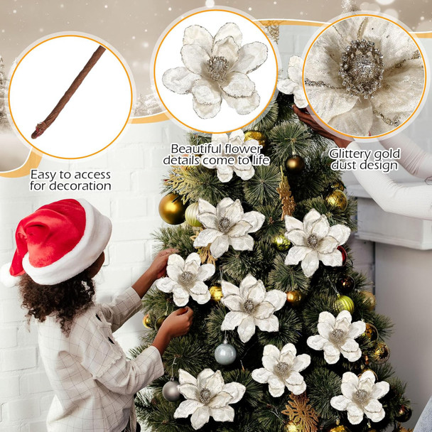 Jutom 12 Pcs Christmas Glitter Poinsettia Magnolia Flowers 6.3in 7.87in Christmas Tree Artificial Flowers 10 Petals Artificial Magnolia Flowers for Christmas Tree Xmas Wreath Holiday Decor(White)