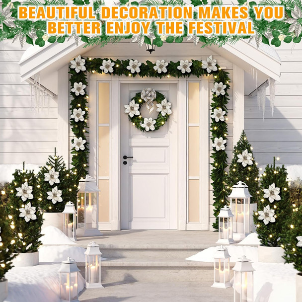 Jutom 12 Pcs Christmas Glitter Poinsettia Magnolia Flowers 6.3in 7.87in Christmas Tree Artificial Flowers 10 Petals Artificial Magnolia Flowers for Christmas Tree Xmas Wreath Holiday Decor(White)