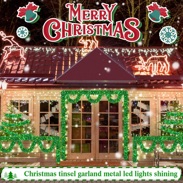 Jutom 99 ft Total 3 Pcs Christmas Pre Lighted Tinsel Garland Hanging Metal Twisted Wire Garland with LED Lights Battery Operated Christmas Garland for Christmas Tree Mantle Decoration (Green)