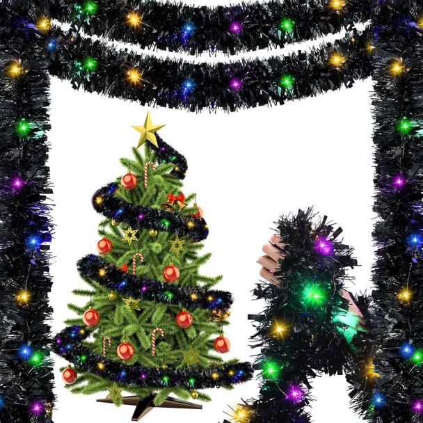 Jutom 99 ft Total 3 Pcs Christmas Pre Lighted Tinsel Garland Hanging Metal Twisted Wire Garland with LED Lights Battery Operated Christmas Garland for Christmas Tree Mantle Decoration (Black)