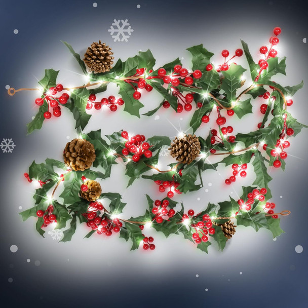 Christmas Garland with Lights Red Berry Pine Cone 6 FT Vines with Cool White Fairy Lights Faux Greenery Hanging Plant Lighted Christmas Garland for Mantle Fireplace Table Wall Door Decoration