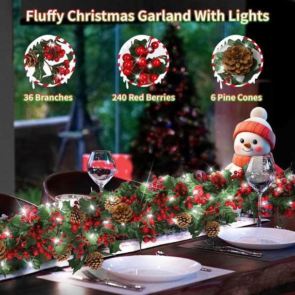 Christmas Garland with Lights Red Berry Pine Cone 6 FT Vines with Cool White Fairy Lights Faux Greenery Hanging Plant Lighted Christmas Garland for Mantle Fireplace Table Wall Door Decoration