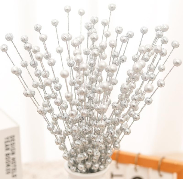 KAHAUL 1PC Artificial Foam Flowers Christmas Berries Golden Glitter Sparkle DIY Decor Home Tables Wedding Bouquet, Wreath, Garland, Crafting Accessory (Sliver)