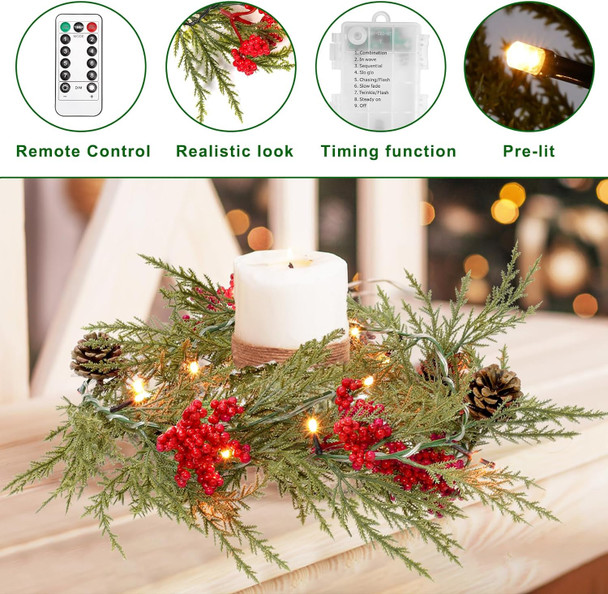 Christmas Garland with Lights, 6 FT Battery Operated Artificial Greenery Garland with Timer, 20 LEDs, Pine Cones and Red Berries for Mantle, Front Door, Stairs Railing Decoration (1 Pack)