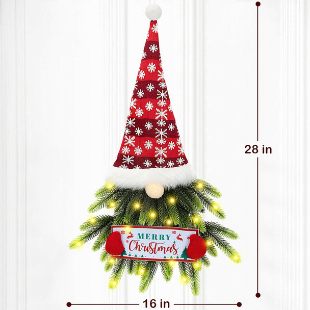 Christmas Wreath for Front Door, Lighted Gnome Christmas Door Wreath, Artificial Santa Xmas Hanging Sign for Door Window Wall Decorations Farmhouse Christmas Home Decor (Red)