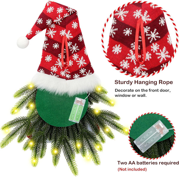 Christmas Wreath for Front Door, Lighted Gnome Christmas Door Wreath, Artificial Santa Xmas Hanging Sign for Door Window Wall Decorations Farmhouse Christmas Home Decor (Red)