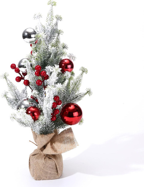 20 Inch Tabletop Christmas Mini Tree, Artificial Snow Flocked Small Christmas Pine Tree with Silver Red Christmas Balls Burlap Base for Home Table Desk Dining Bedroom Christmas Party Decorations