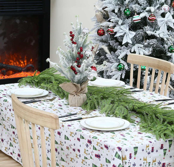 20 Inch Tabletop Christmas Mini Tree, Artificial Snow Flocked Small Christmas Pine Tree with Silver Red Christmas Balls Burlap Base for Home Table Desk Dining Bedroom Christmas Party Decorations