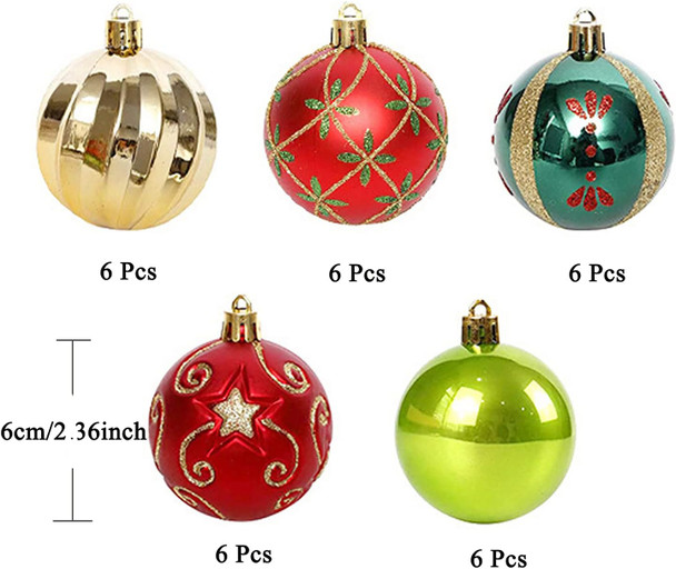 Christmas Ornaments Tree Decorations, 30ct Christmas Ball Decoration Set 2.36" Red Green and Gold Shatterproof Hanging Christmas Ornaments for Xmas Trees Decor Christmas Holiday Party