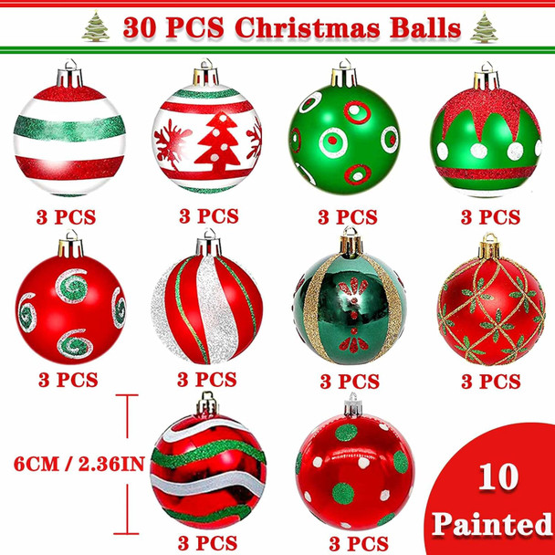 2.36"/60mm Christmas Balls Ornaments Set, 30 Pcs Christmas Tree Decorations Balls Muti-Color Shatterproof Hanging Christmas Ornaments for Xmas Party Christmas Holiday Party