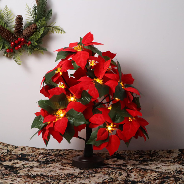 18 LED Poinsettia Tree Lamp Red Christmas Tabletop Tree Light Bonsai Tree Lamp 6 Hrs Timer Battery/USB Operated 8 Lighting Modes for Home Birthday Party Christmas Decor（Warm White）